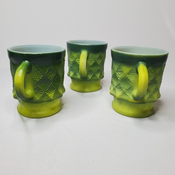 MCM FIRE KING Green Kimberly Mugs Cups Anchor Hocking Diamond Argyle Ombre 3 Set - Picture 4 of 13